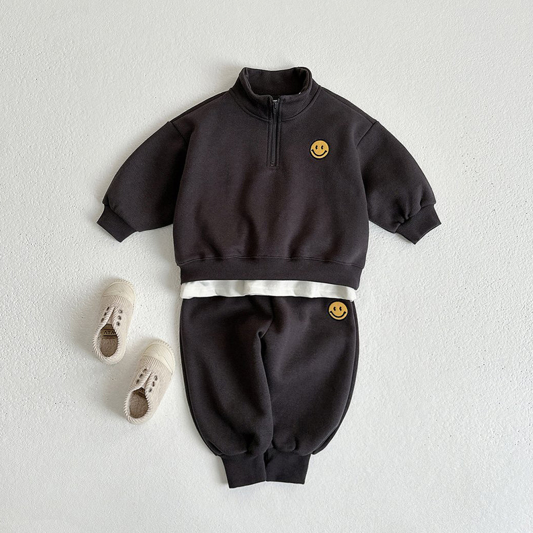 Toddler W24 Smile Patch Half-Zip Sweatshirt and Long Cuffed Jogger Pants Set (1-6y) - Black