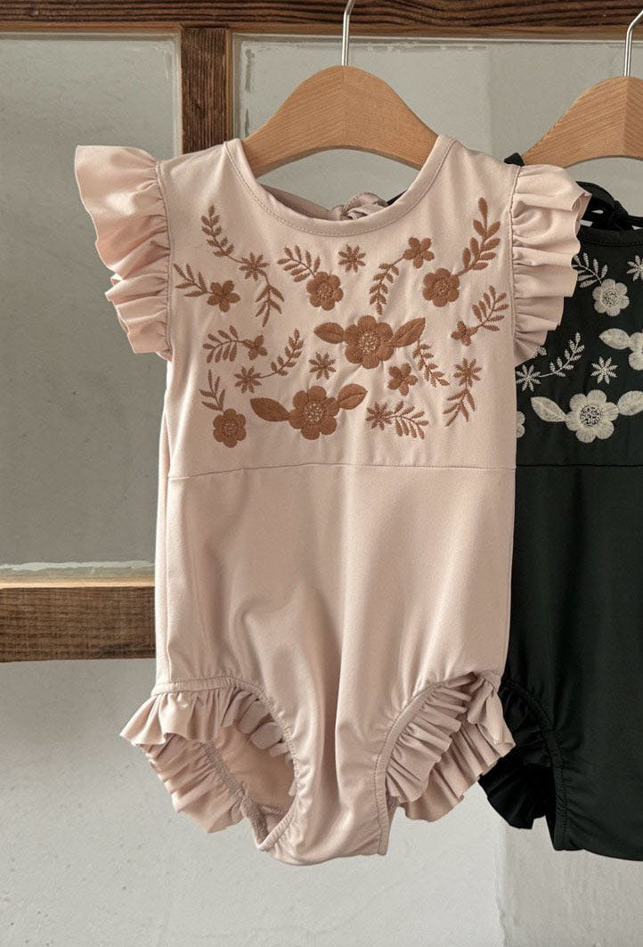 Toddler Susu Floral Embroidery Yoke Ruffle Sleeve One-Piece Swimsuit (1-6y) - 2 Colors