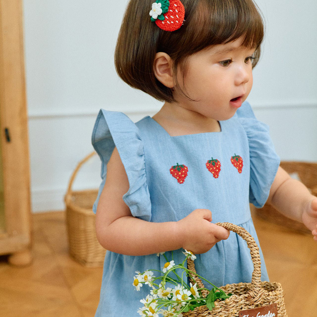 Baby Milk SS26 Strawberry Embroidery Ruffle Sleeve Bubble Denim Romper (3-18m) - Light Denim