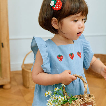 Baby Milk SS26 Strawberry Embroidery Ruffle Sleeve Bubble Denim Romper (3-18m) - Light Denim