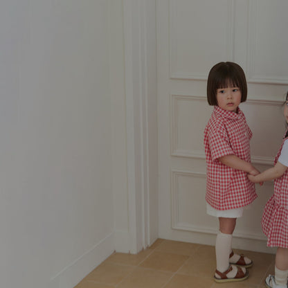 Toddler Land SS26 Peter Pan Collar Plaid Short Sleeve Shirt (1-6y) - Red - AT NOON STORE