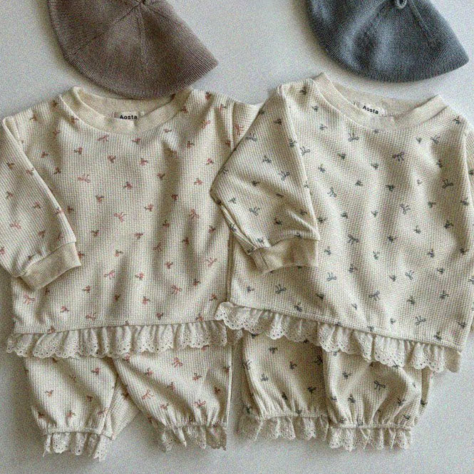 Baby Toddler Aosta Bow Print Waffle Lace Trim Sweatshirt (3m-5y) - 2 Colors