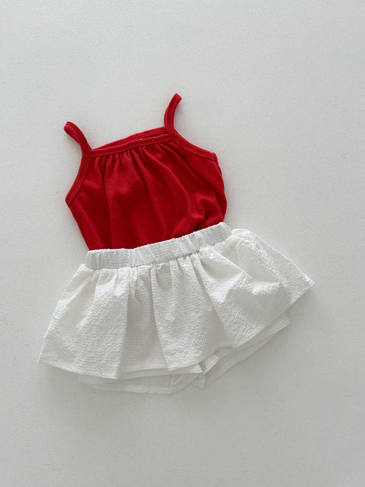 Kids Soy SS26 Pointelle Tank Top and Seersucker Skort Set (1-6y) - Red - AT NOON STORE