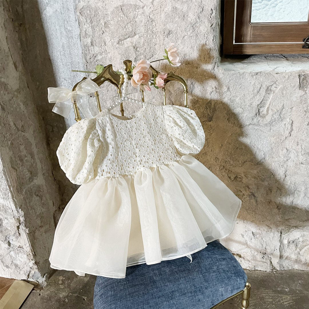 Baby Lace Top Short Puff Sleeve Tulle Party Dress (6m-4y) - Cream - AT NOON STORE