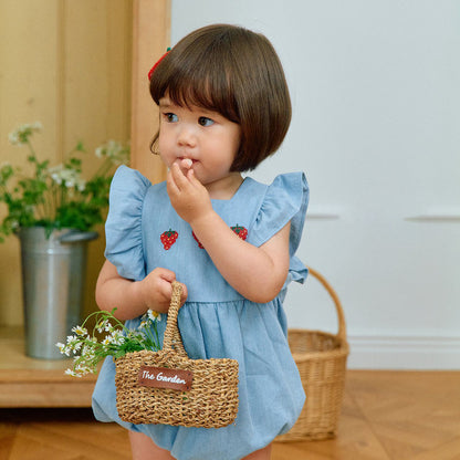 Baby Milk SS26 Strawberry Embroidery Ruffle Sleeve Bubble Denim Romper (3-18m) - Light Denim