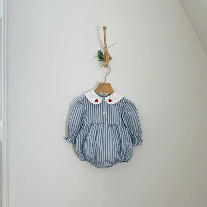 Baby Milk F25 Heart Embroidery Collar Stripe Bubble Romper (3-18m) - Blue - AT NOON STORE