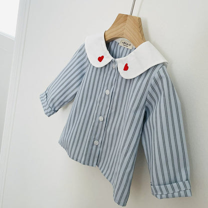 Toddler Milk F25 Heart Embroidery Collar Stripe Shirt (1-7y) - Pink - AT NOON STORE