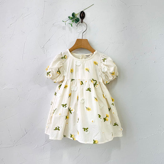 Toddler Milk Floral 3D Embroidery Short Sleeve Dress (1-6y) - Floral Ivory