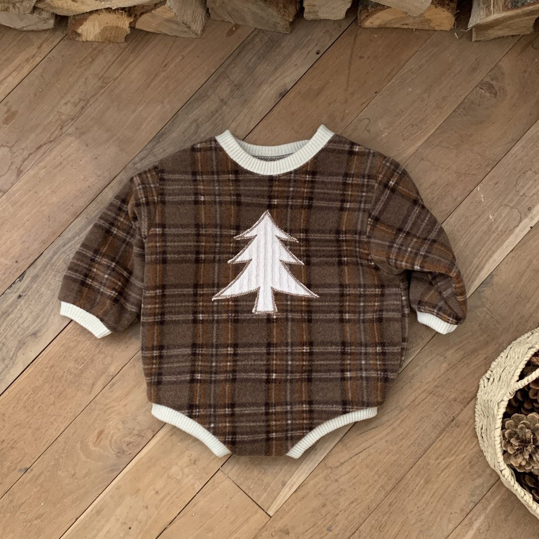 Baby W24 Fleece Tartan Check Tree Patch  Sweatshirt Romper(3-18m) - 2 Colors