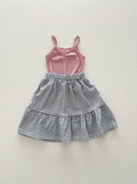 Kids Soy SS26 Ribbed Scrunch Detail Tank Top and Plaid Ruffle Skirt Set (1-6y) - Pink - AT NOON STORE