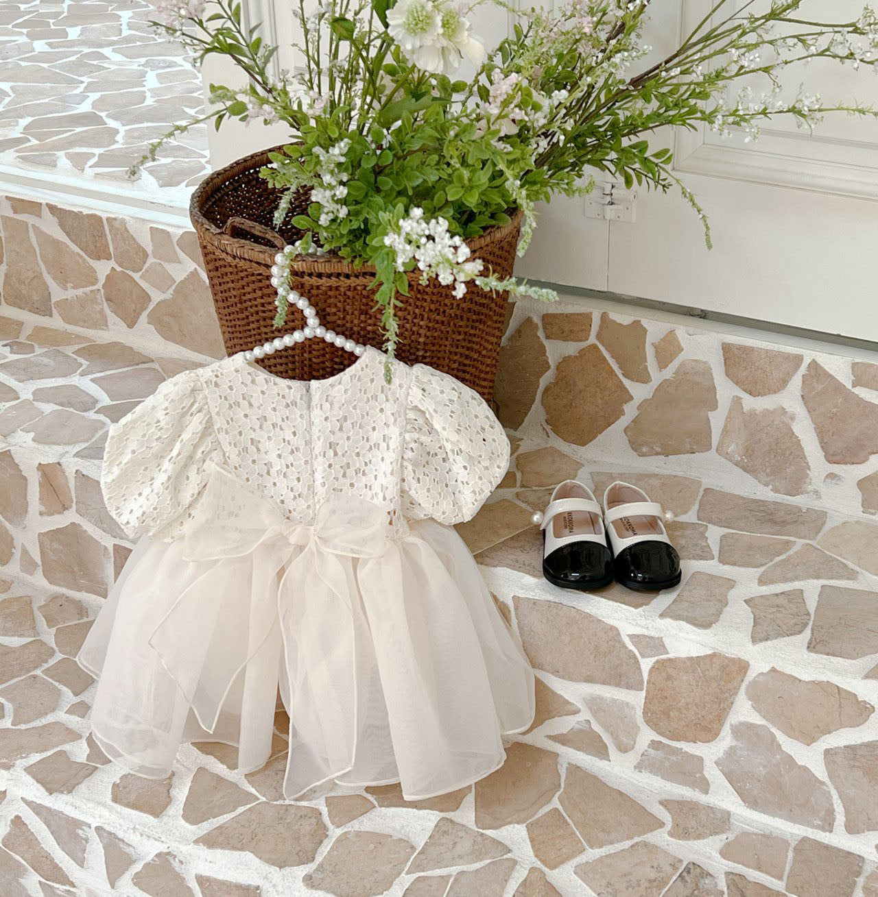 Baby Lace Top Short Puff Sleeve Tulle Party Dress (6m-4y) - Cream - AT NOON STORE