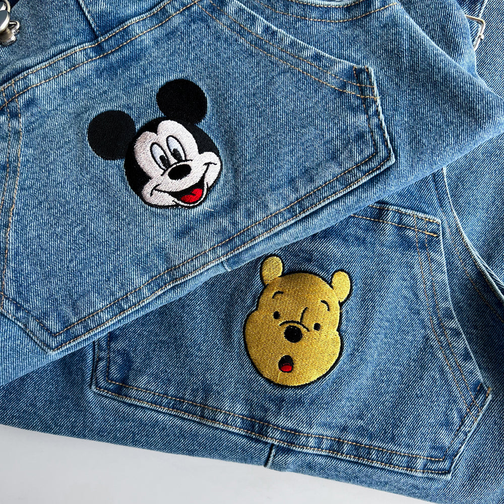 Toddler Disney Mickey and Pooh Face Embroidery Kangaroo Pocket Denim Overalls (2-7y) -2 Colors