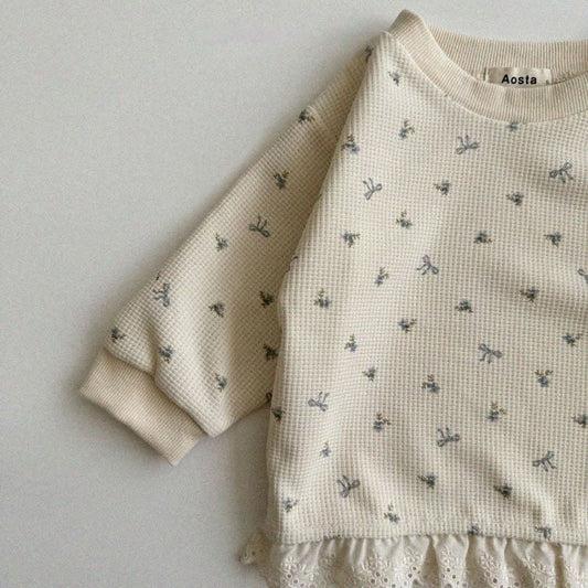 Baby Toddler Aosta Bow Print Waffle Lace Trim Sweatshirt (3m-5y) - 2 Colors - AT NOON STORE