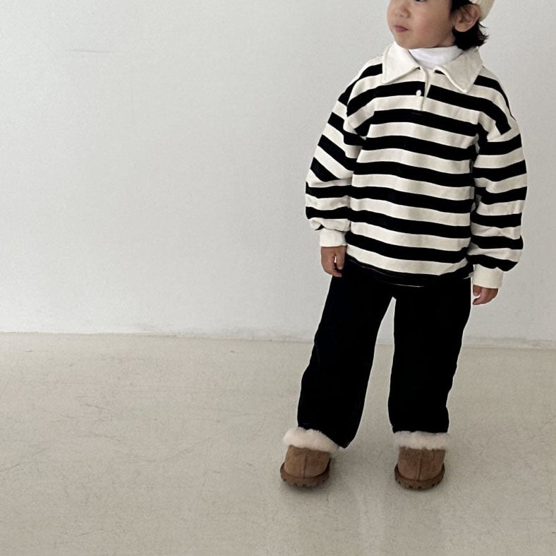 Toddler W24 Warm Brushed Fabric Stripe Long Sleeve Collar Tee (1-7y) - 2 Colors