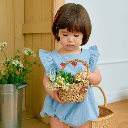 Baby Milk SS26 Strawberry Embroidery Ruffle Sleeve Bubble Denim Romper (3-18m) - Light Denim