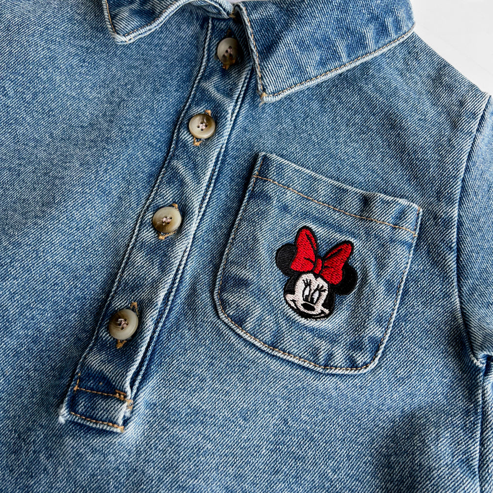 Toddler Disney Mickey and Minnie Face Embroidery Denim Long Sleeve Shirt Romper(6-18m) -2 Colors