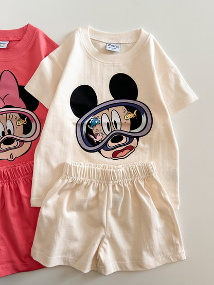 Toddler Disney Mickey/Minnie Print Cotton Short Sleeve Top and Shorts Set (2-7y) - 2 Colors