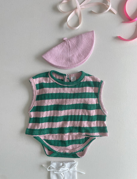 Baby Stripe Pointelle Sleeveless Top and Snap Button Shorts Set (3-12m) - Pink Green