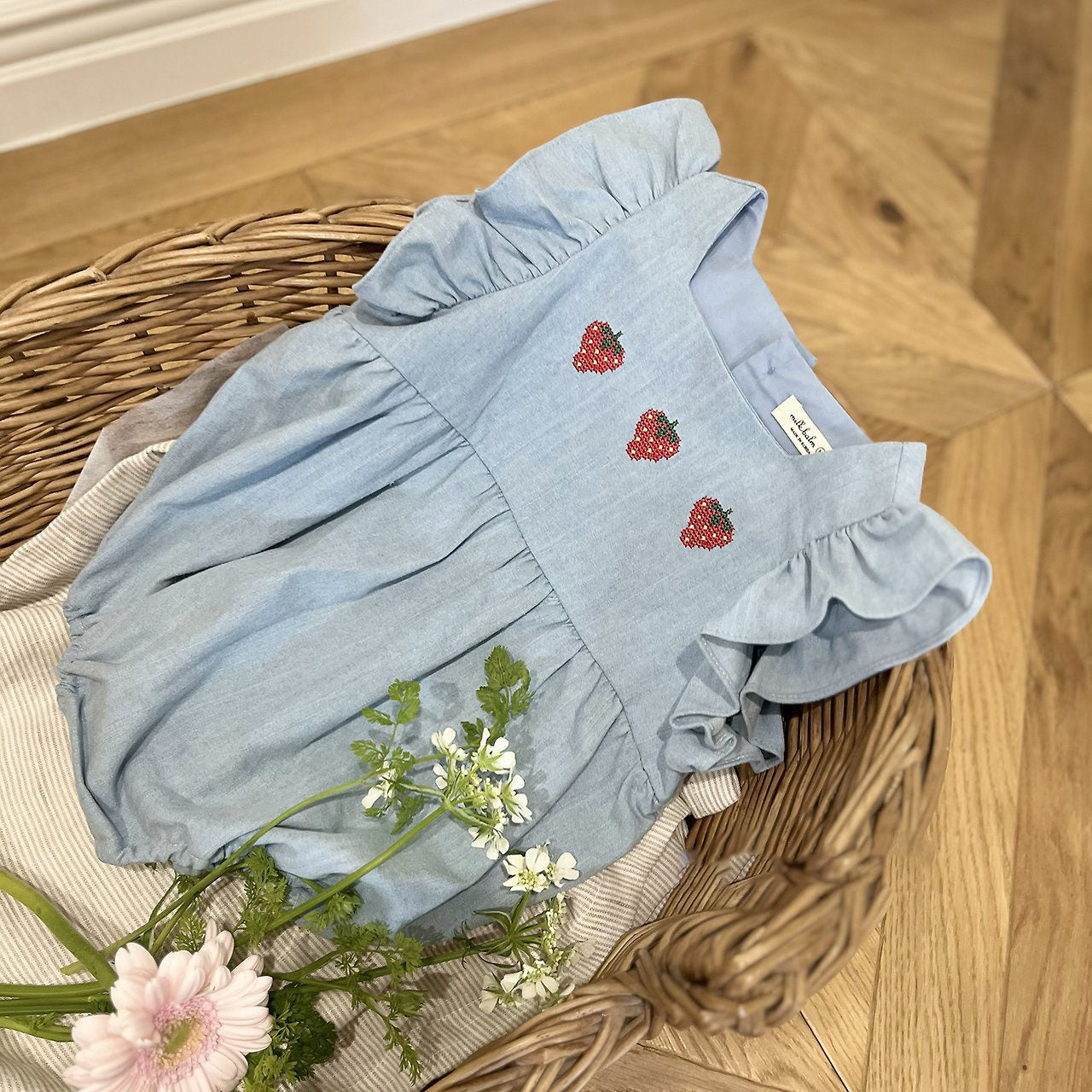 Baby Milk SS26 Strawberry Embroidery Ruffle Sleeve Bubble Denim Romper (3-18m) - Light Denim