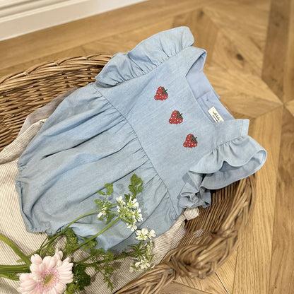 Baby Milk SS26 Strawberry Embroidery Ruffle Sleeve Bubble Denim Romper (3-18m) - Light Denim