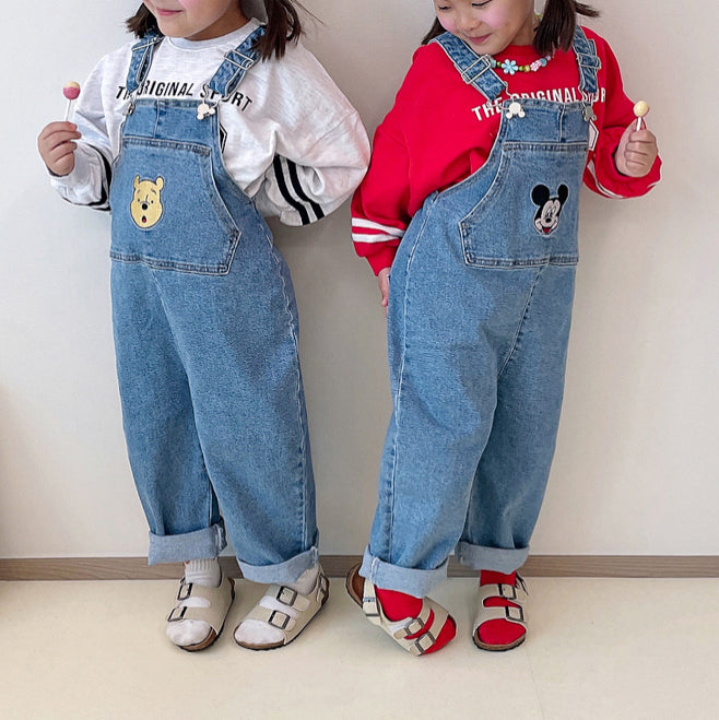 Toddler Disney Mickey and Pooh Face Embroidery Kangaroo Pocket Denim Overalls (2-7y) -2 Colors