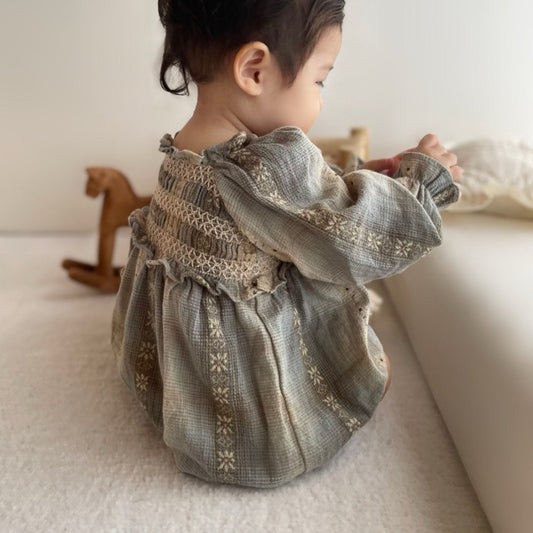 Baby Monbebe F25  Floral Embroidered Check Smocked Bodice Romper (3-24m) - Mint