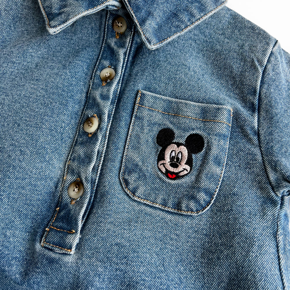 Toddler Disney Mickey and Minnie Face Embroidery Denim Long Sleeve Shirt Romper(6-18m) -2 Colors