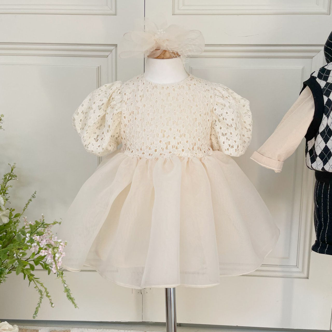 Baby Lace Top Short Puff Sleeve Tulle Party Dress (6m-4y) - Cream - AT NOON STORE