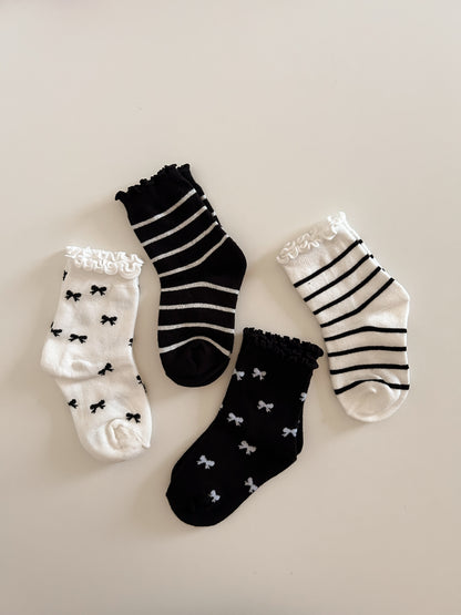 Baby Toddler Lettuce-Edge Bow/Stripe 4PK Ankle Socks Set (3-8y) - Black and White