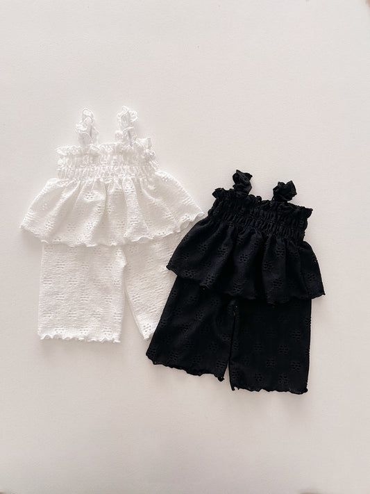 Toddler Milk SS25 Eyelet Lettuce-Edge Smocked Peplum Top and Wide Pants Set  (1-7y) - 2 Colors