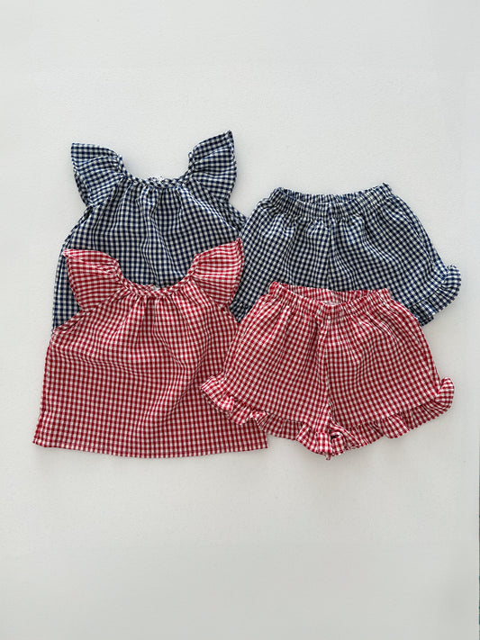 Kids Soy SS25 Gingham Ruffle Sleeves Top and Ruffle Hem Shorts Set (1-6y) - 2 Colors