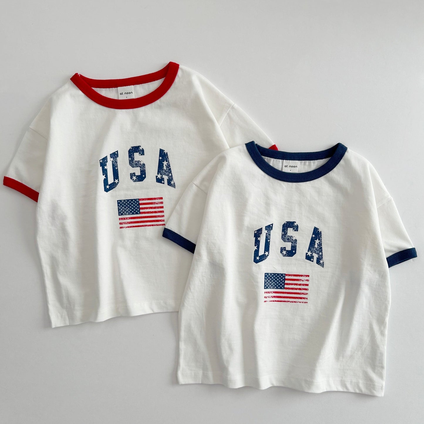 [At Noon Original Design] Adult Oversized Vintage Print USA Ringer T-Shirt - 2 Colors