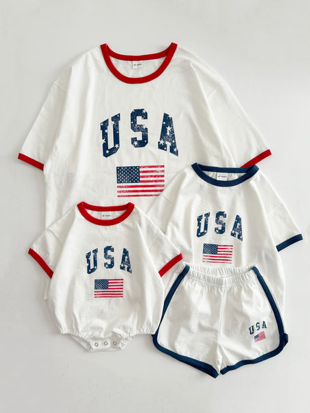 [At Noon Original Design] Kids Vintage Print USA T-Shirt and Shorts Set (8m-7y) - 2 Colors
