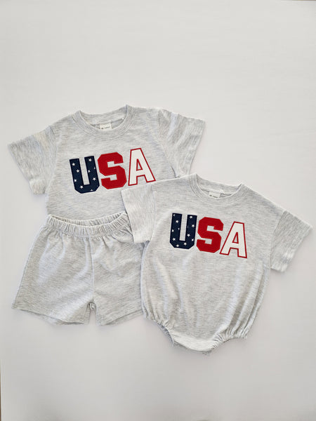 [At Noon Exclusive]Toddler Original USA Embroidery T-Shirt and Shorts Set(1-5y) - Light Heather Gray - AT NOON STORE