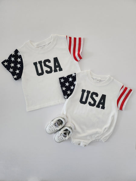 [At Noon Exclusive] Baby Original USA Print Stars and Stripes Sleeve T-Shirt Romper (0-18m) - Ivory - AT NOON STORE