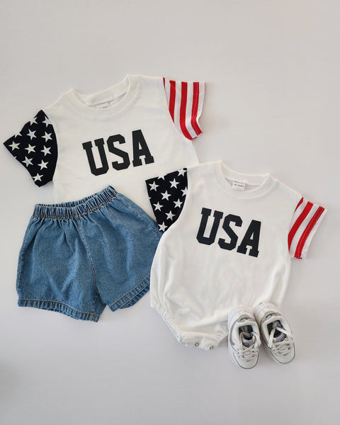 [At Noon Exclusive] Baby Original USA Print Stars and Stripes Sleeve T-Shirt Romper (0-18m) - Ivory