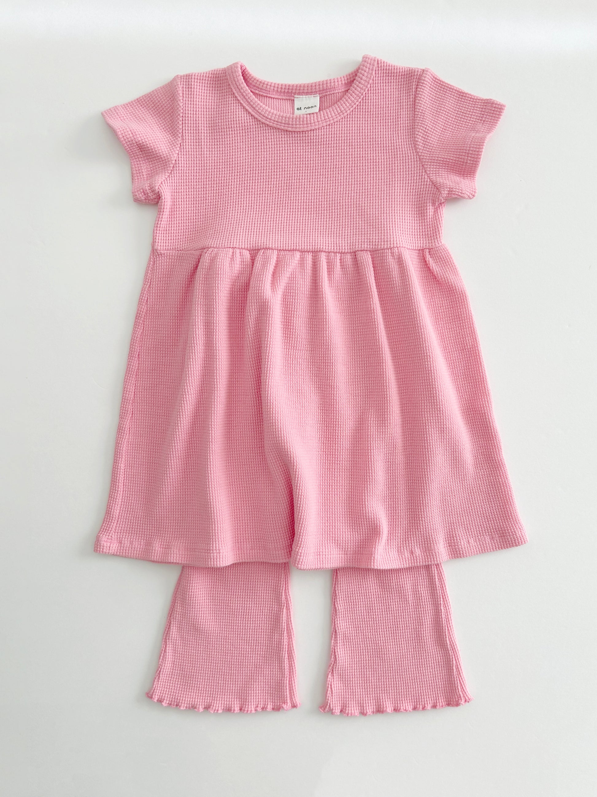 [At Noon Exclusive] Kids Cozy Waffle Lettuce-edge Flare Pants (1-7y) - Pink - AT NOON STORE