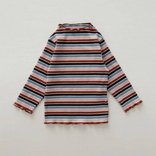 [At Noon Exclusive] Kids Cozy Ribbed Muti Stripe Lettuce-edge Top (6m-6y) - Stripe - AT NOON STORE