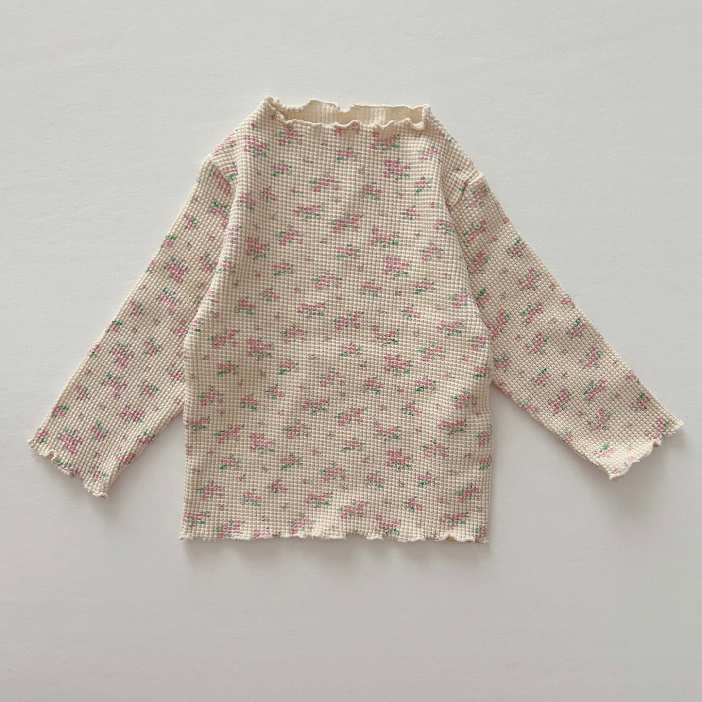 [At Noon Exclusive] Kids Cozy Waffle Lettuce-edge Top (6m-6y) - Pink Floral