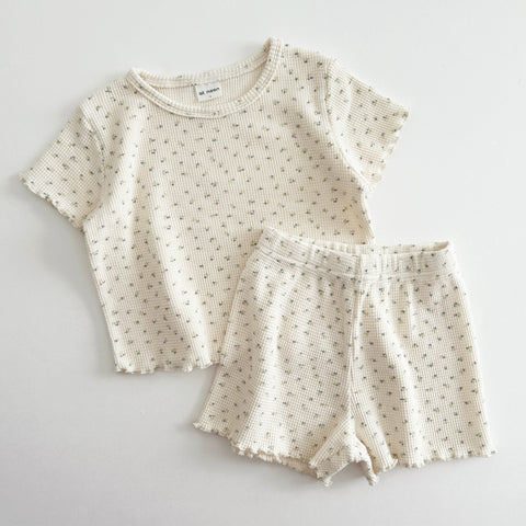 [At Noon Exclusive] Kids Waffle Lettuce-edge T-Shirt and Shorts Set (1-7y) - Floral