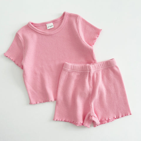 [At Noon Exclusive] Kids Waffle Lettuce-edge T-Shirt and Shorts Set (1-7y) - Pink