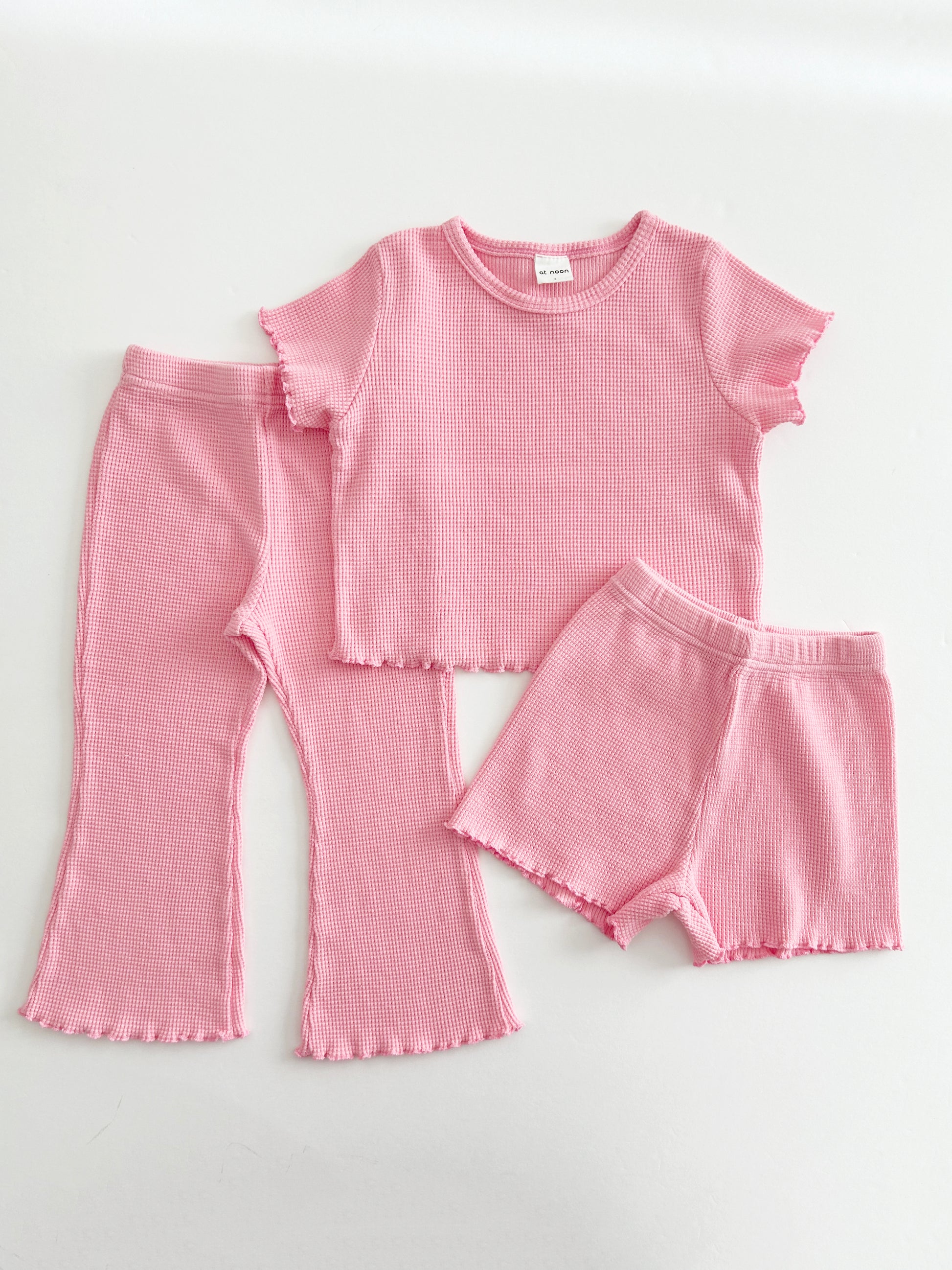 [At Noon Exclusive] Kids Cozy Waffle Lettuce-edge Flare Pants (1-7y) - Pink - AT NOON STORE