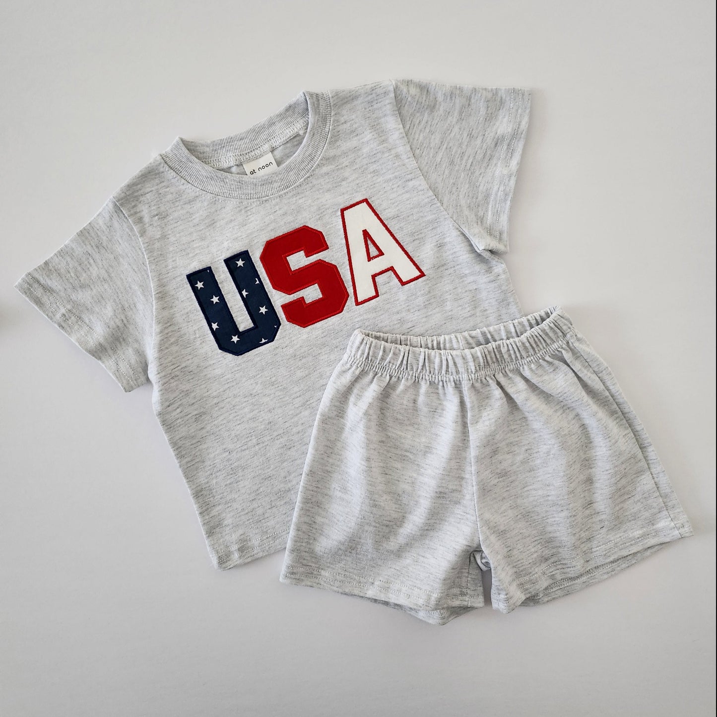 [At Noon Exclusive]Toddler Original USA Embroidery T-Shirt and Shorts Set(1-5y) - Light Heather Gray - AT NOON STORE