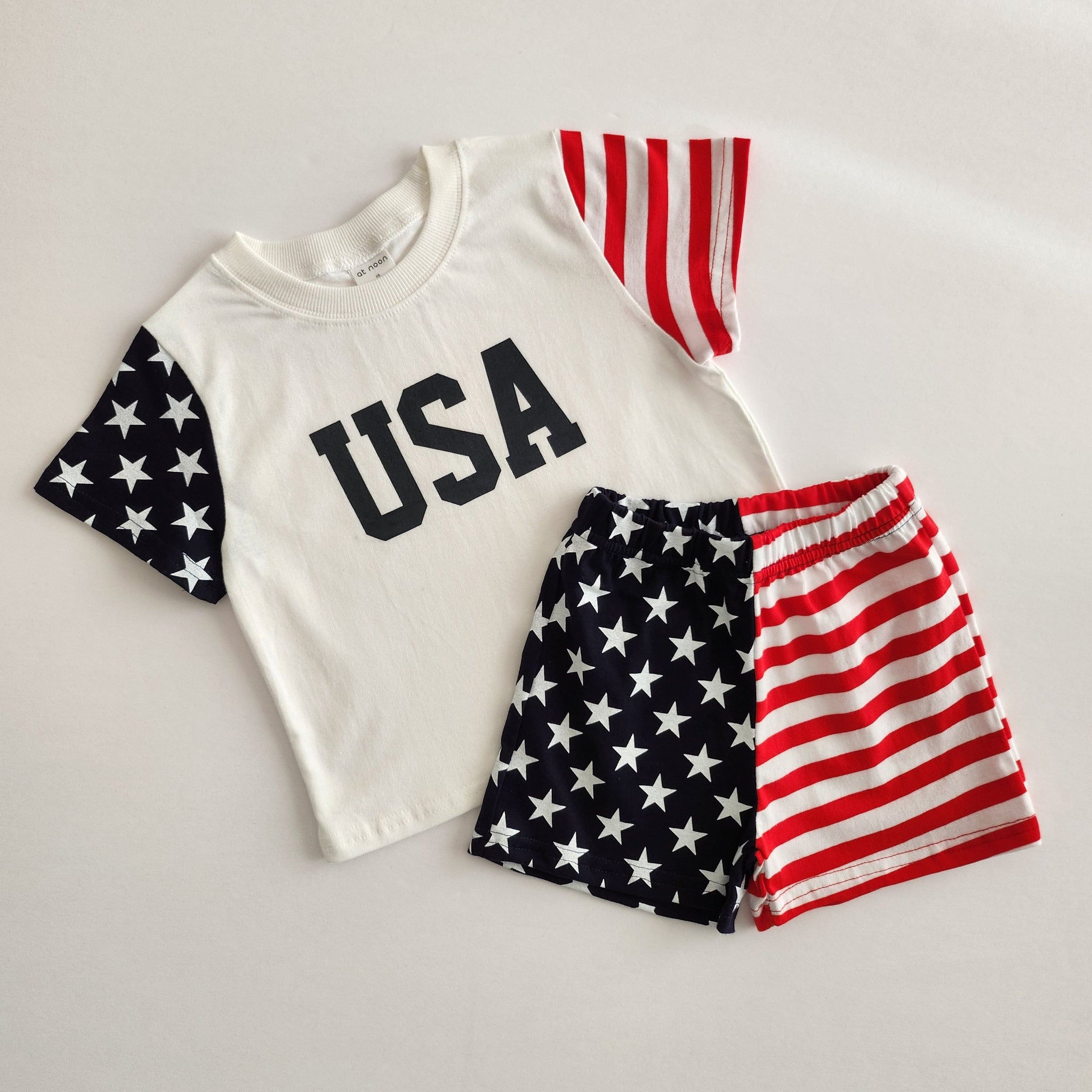 [At Noon Exclusive] Toddler Original USA Print Stars and Stripes Sleeve T-Shirt and Shorts Set(1-5y)