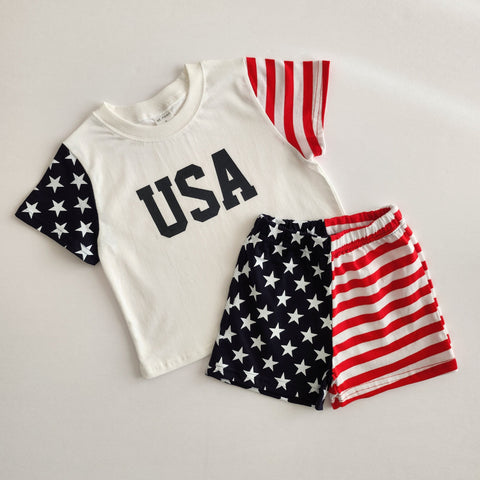 [At Noon Exclusive] Toddler Original USA Print Stars and Stripes Sleeve T-Shirt and Shorts Set(1-5y)