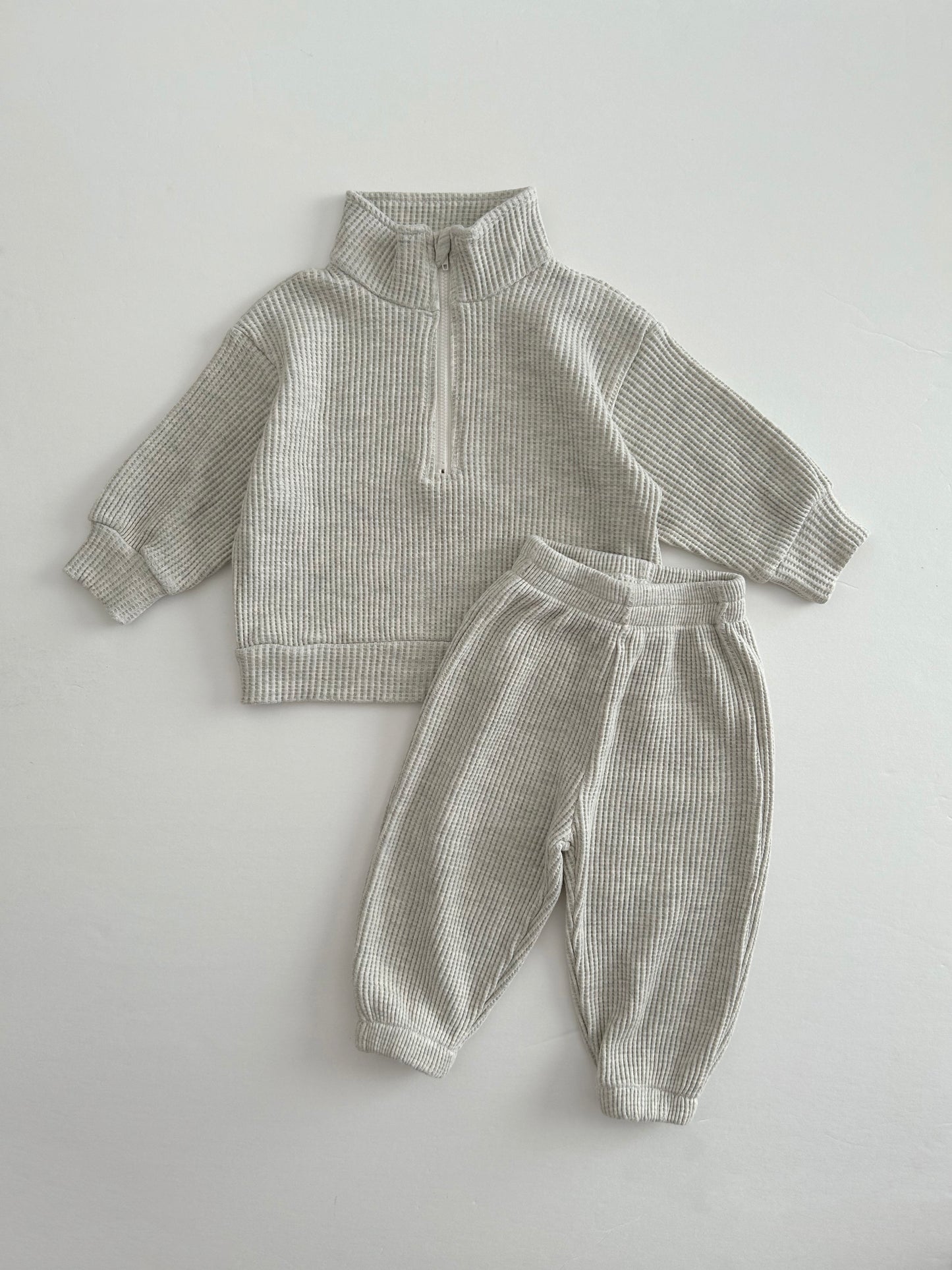 [At Noon Original Design] Kids Half-Zip Waffle Top and Jogger Pants Set (6m-7y) - 3 Colors