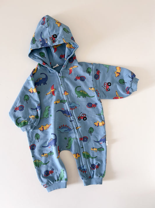 [At Noon Original] Baby Oversized Zip-Up Hoodie Jumpsuit (3m-4y)- Blue Dinosaur