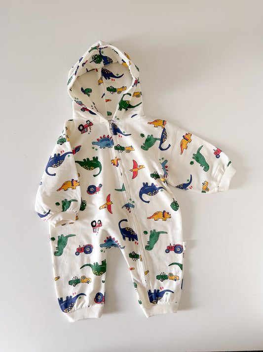 [At Noon Original] Baby Oversized Zip-Up Hoodie Jumpsuit (3m-4y)-Cream Dinosaur