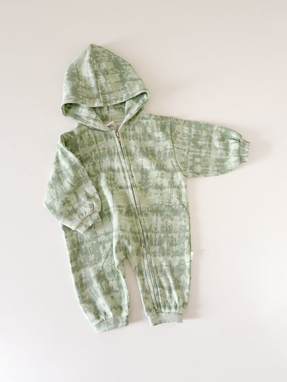 [At Noon Original] Baby Oversized Zip-Up Hoodie Jumpsuit (3m-4y)- Tie Dyed Green