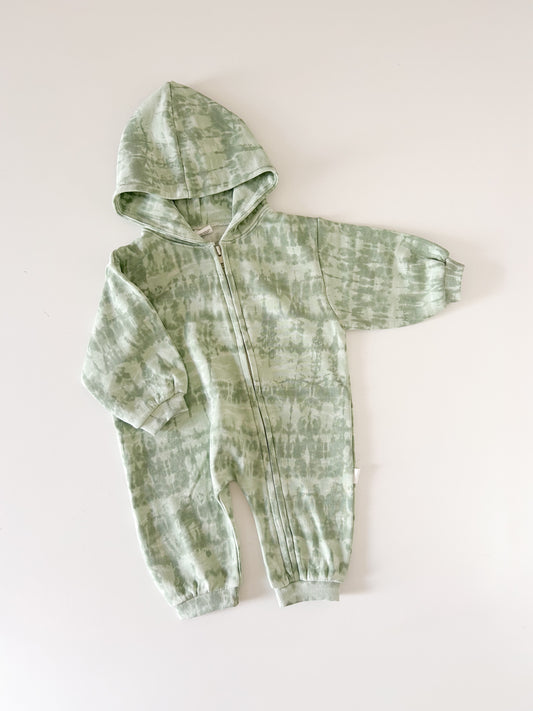 [At Noon Original] Baby Oversized Zip-Up Hoodie Jumpsuit (3m-4y)- Tie Dyed Green